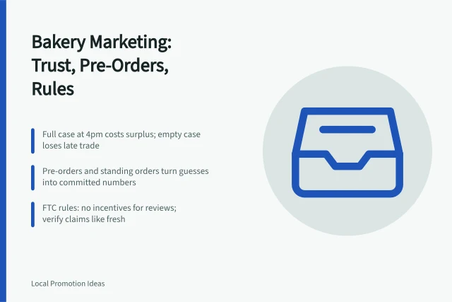 Card summarizing bakery marketing: pre-orders, 4pm case, FTC review rules. Growing a bakery through marketing that actually earns trust