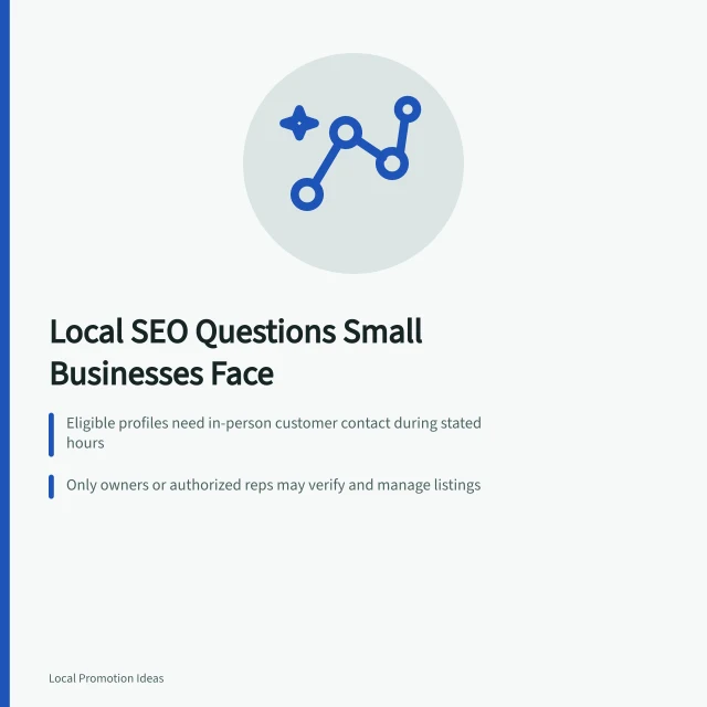Card summarizing local SEO eligibility, ownership, and review guidance for small businesses. Which Local SEO Questions Come Up for Small Businesses