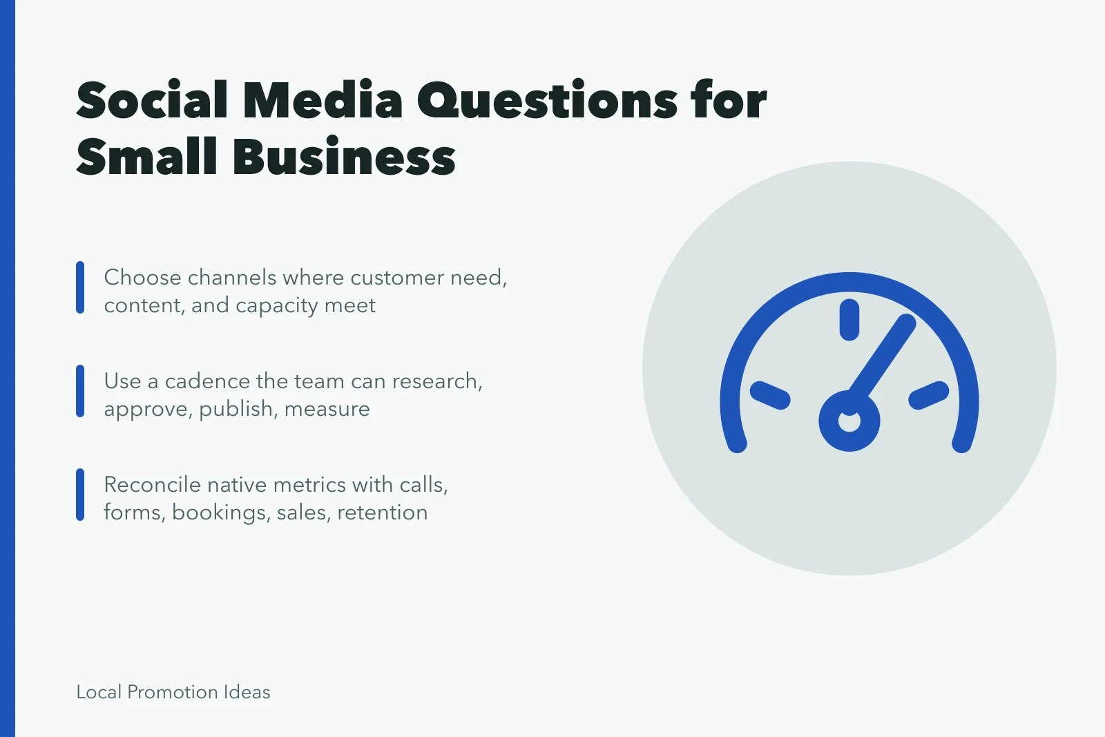 Card summarizing small business social media questions on channels, cadence, and metrics. The Small Business Social Media Questions Worth Asking Before Anything Else