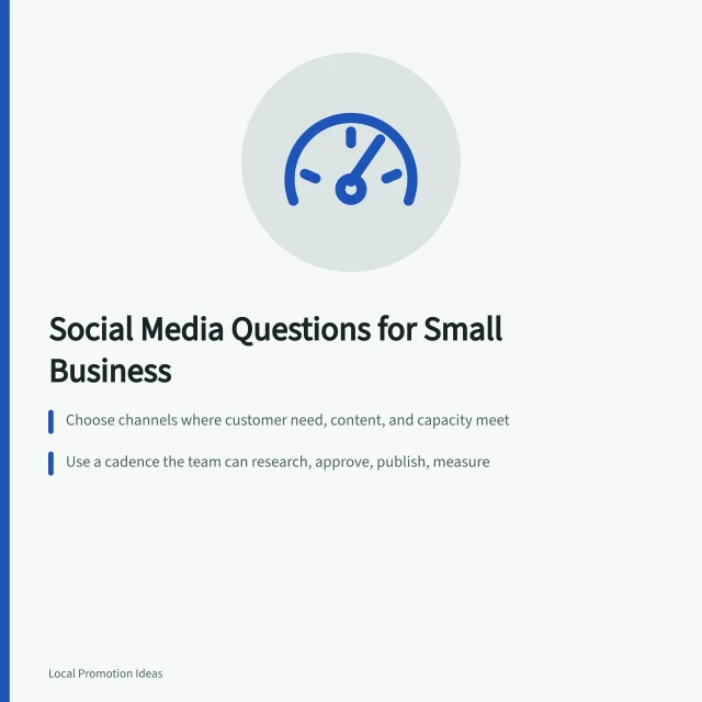 Card summarizing small business social media questions on channels, cadence, and metrics. The Small Business Social Media Questions Worth Asking Before Anything Else