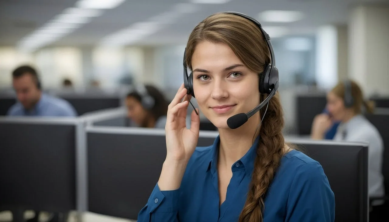 call center, headset, smile, office work, communication, customer support, professional, employee, work, woman, modern office, technology, phone assistance, microphone, young woman, multitasking, office environment, support, phone call, happy, workspace. Customer Retention Tools Compared for Small Business