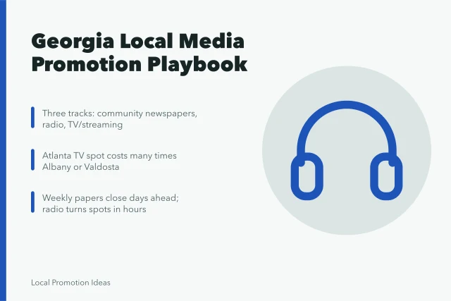 Card comparing Georgia local media rates, deadlines, and market sizes. How Georgia small businesses partner with local media for promotion