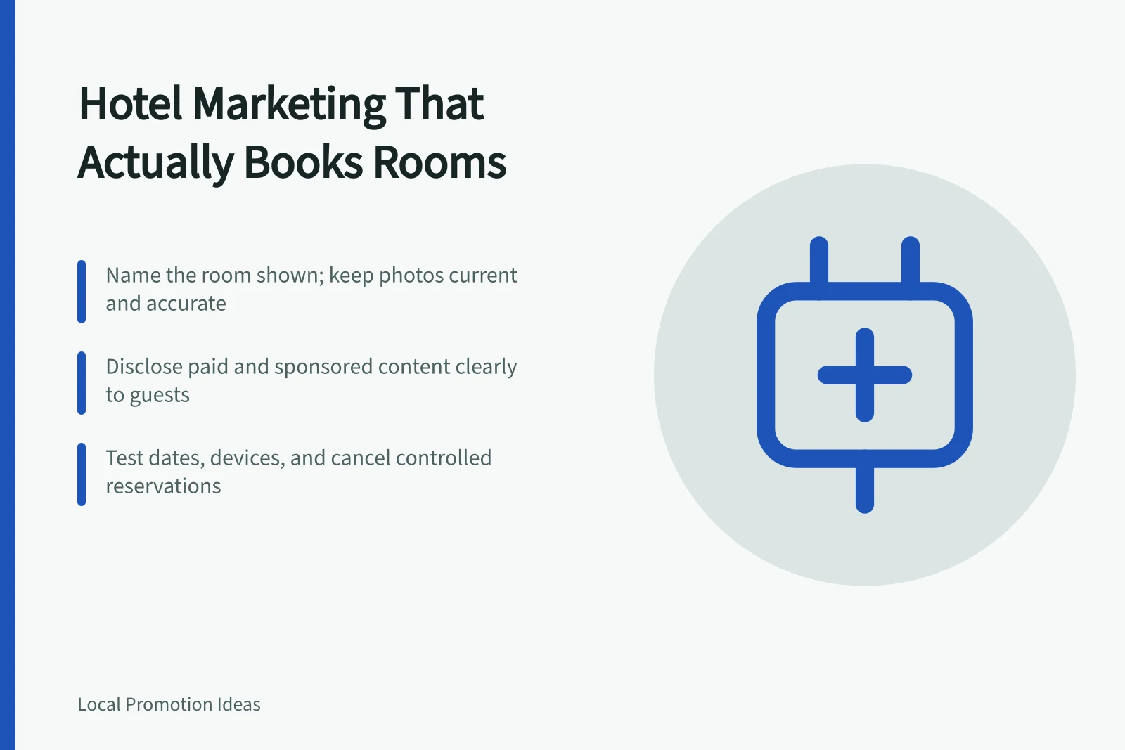 Card summarizing hotel marketing practices for accurate rooms and bookings. The habits behind hotel marketing that actually book rooms