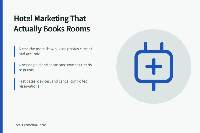 Card summarizing hotel marketing practices for accurate rooms and bookings. The habits behind hotel marketing that actually book rooms