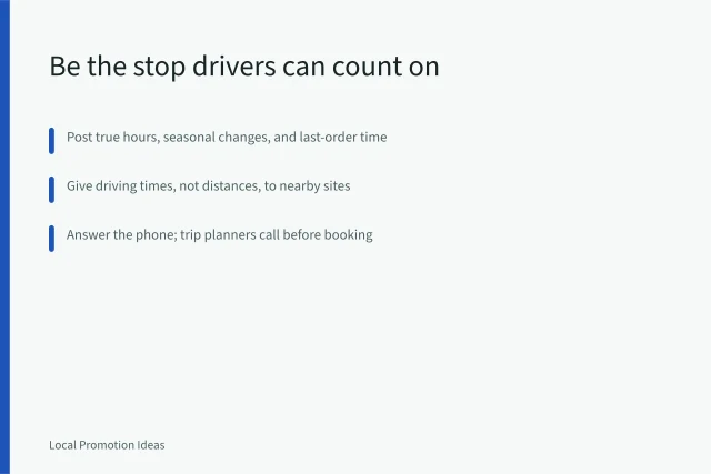 Card: reliable hours, driving times, and phone calls get roadside businesses into itineraries. How local businesses can help travelers plan a highway itinerary: the parts worth your time