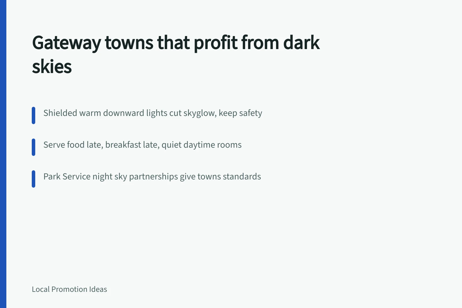 Dark night sky over a gateway town with shielded warm lights. Building a plan for stargazing trips businesses: the joint pitch
