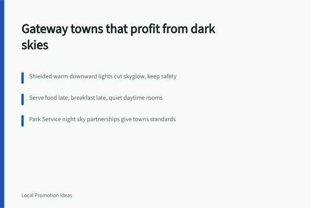 Dark night sky over a gateway town with shielded warm lights. Building a plan for stargazing trips businesses: the joint pitch
