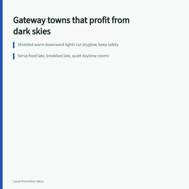 Dark night sky over a gateway town with shielded warm lights. Building a plan for stargazing trips businesses: the joint pitch