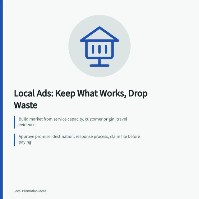 Local advertising planning card with signpost icon and three key steps. Local Advertising: What to Keep and What to Drop