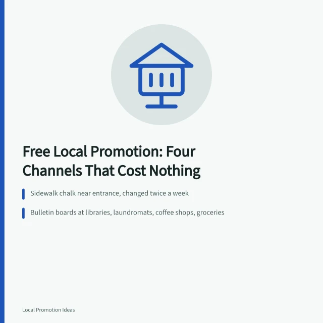 Card listing four zero-budget local promotion channels for small businesses. 5 Local Promotion Ideas for a Small Business with No Budget