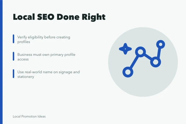 Local SEO card with eligibility, ownership, and real-world name steps. Getting Local SEO for Small Businesses Right the First Time