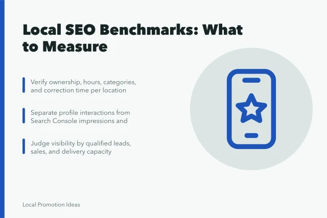 Card summarizing local SEO benchmark metrics for small businesses. What Local SEO Benchmarks Mean for a Small Business