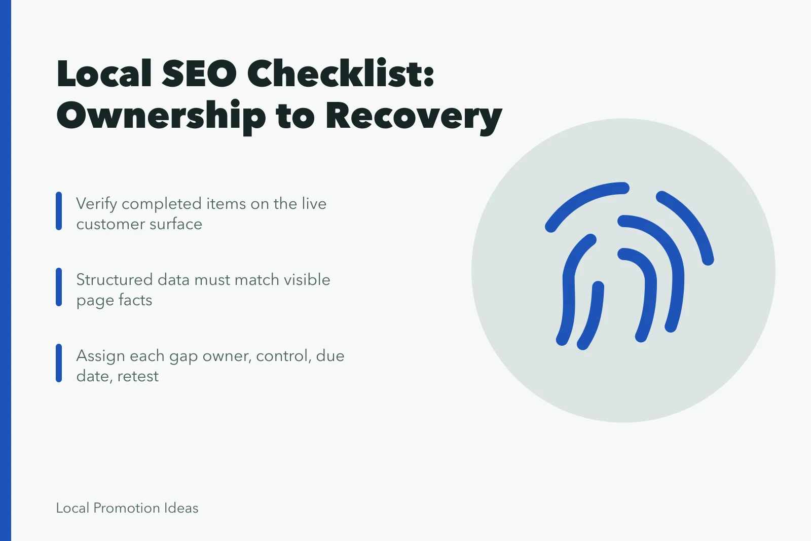 Local SEO checklist card covering ownership, profiles, reviews, and recovery steps. A Local SEO Checklist from Ownership to Recovery