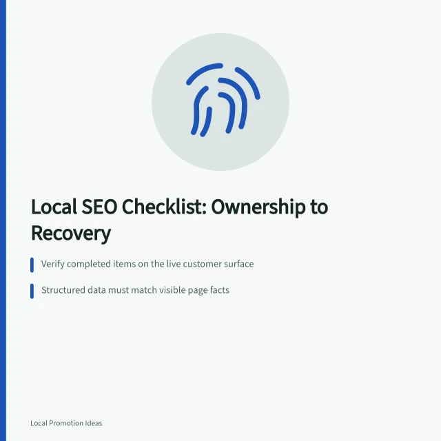 Local SEO checklist card covering ownership, profiles, reviews, and recovery steps. A Local SEO Checklist from Ownership to Recovery