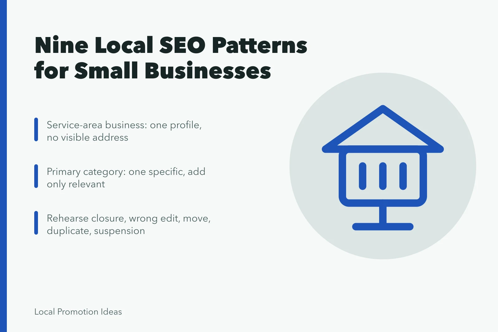 Card showing nine local SEO patterns for small businesses. Nine Local SEO Patterns, from Storefronts to New Services