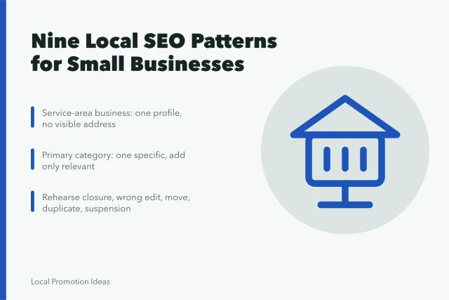 Card showing nine local SEO patterns for small businesses. Nine Local SEO Patterns, from Storefronts to New Services