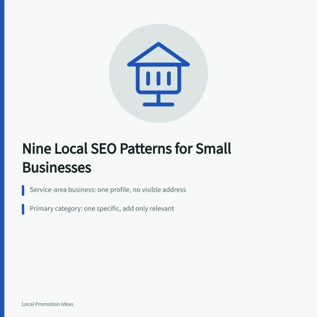 Card showing nine local SEO patterns for small businesses. Nine Local SEO Patterns, from Storefronts to New Services