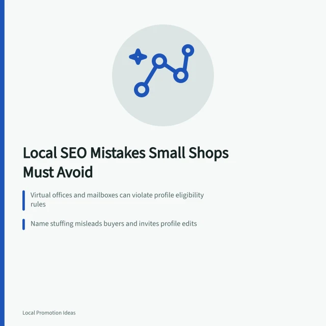 Card listing local SEO mistakes: ineligible profiles, keyword-stuffed names, cloned city pages. Local SEO Mistakes for Small Businesses: what to look for, Explained Properly