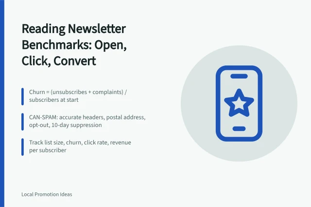 Card summarizing newsletter benchmark metrics and CAN-SPAM compliance rules. 3 points on reading newsletter benchmarks