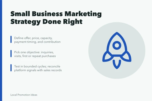 Card outlining small business marketing strategy choices, objectives, and testing cycles. Getting Small Business Marketing Strategy Right the First Time