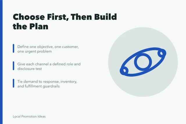 Marketing strategy card: choose objective, customer, channels, and operations guardrails first. Choosing Before Planning Anchors a Sound Marketing Strategy