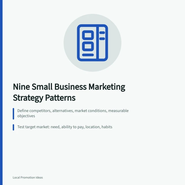 Small business marketing strategy card with nine focused patterns and tradeoffs. What Separates the Strong Small Business Marketing Strategy Examples From the Weak