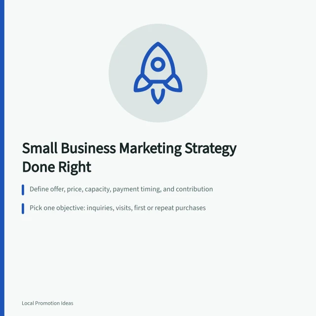Card outlining small business marketing strategy choices, objectives, and testing cycles. Getting Small Business Marketing Strategy Right the First Time