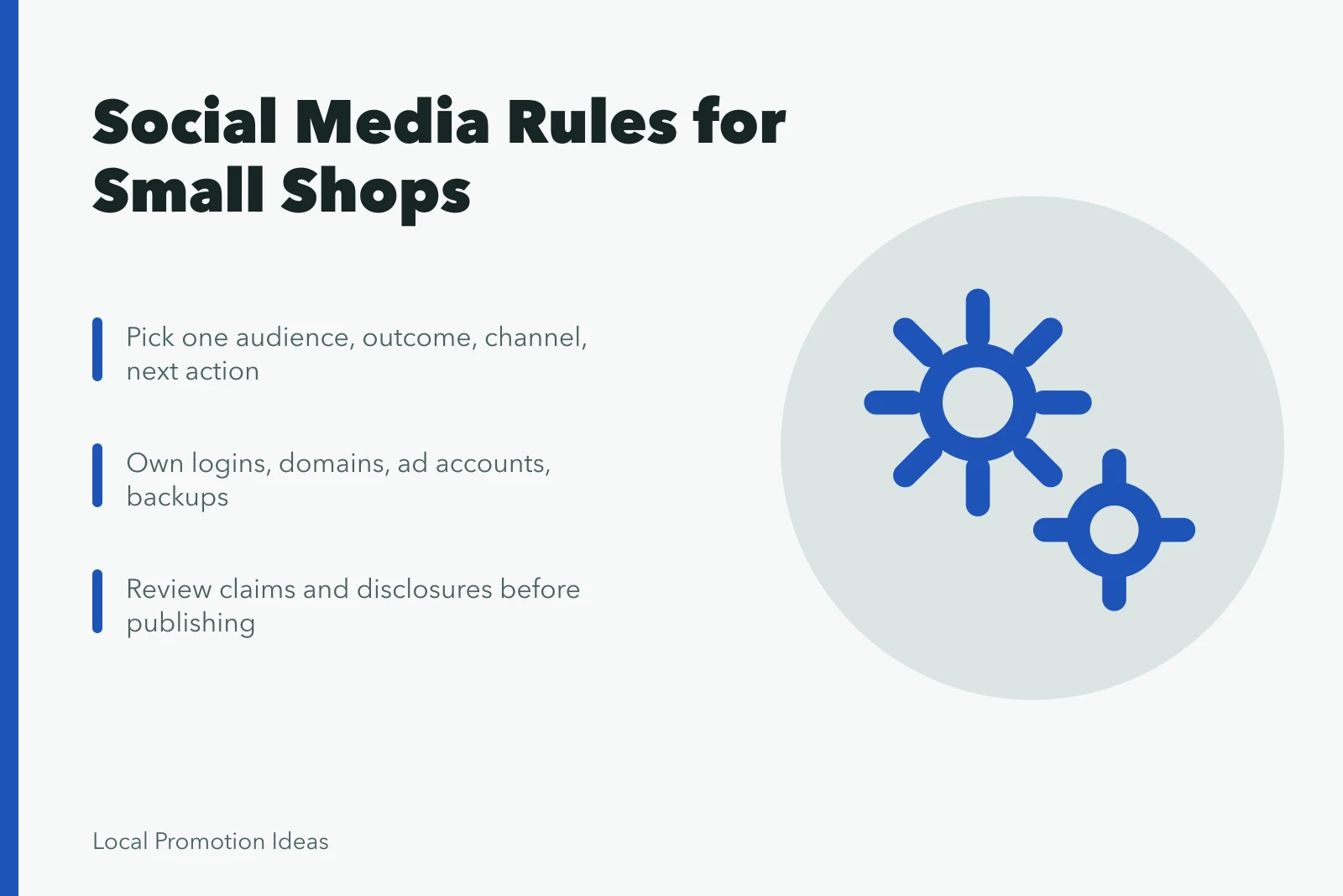 Card summarizing small business social media control and disclosure practices. Operating Principles for Small Business Social Media