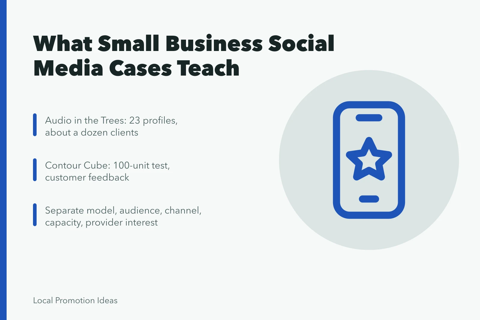 Card summarizing small business social media case study lessons and evidence gaps. 5 Things the Small Business Social Media Case Studies Teach