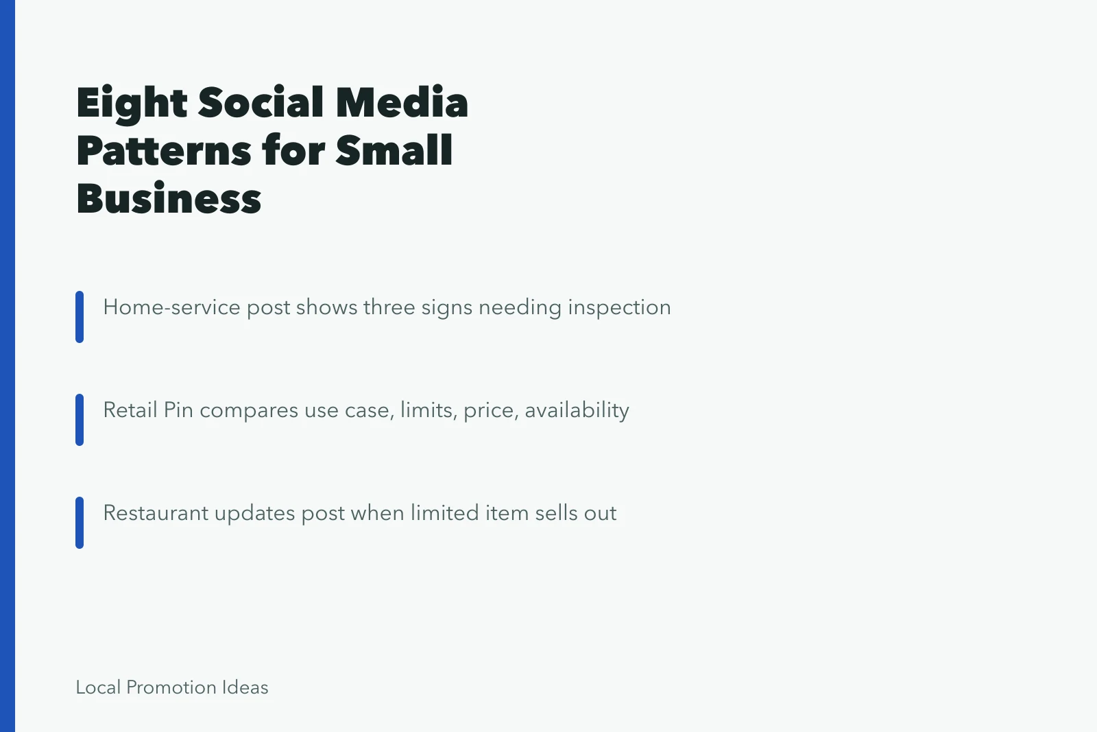 Card listing eight small business social media patterns with examples. Eight Social Media Patterns, from Services to Retention