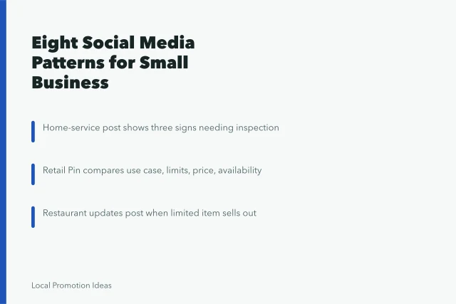 Card listing eight small business social media patterns with examples. Eight Social Media Patterns, from Services to Retention