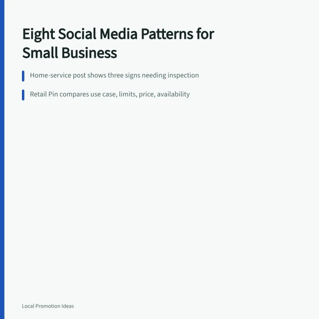 Card listing eight small business social media patterns with examples. Eight Social Media Patterns, from Services to Retention