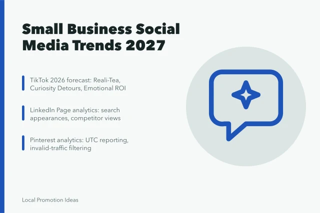 Card summarizing small business social media trends for 2027. 8 Things to Weigh Up on Small Business Social Media Trends