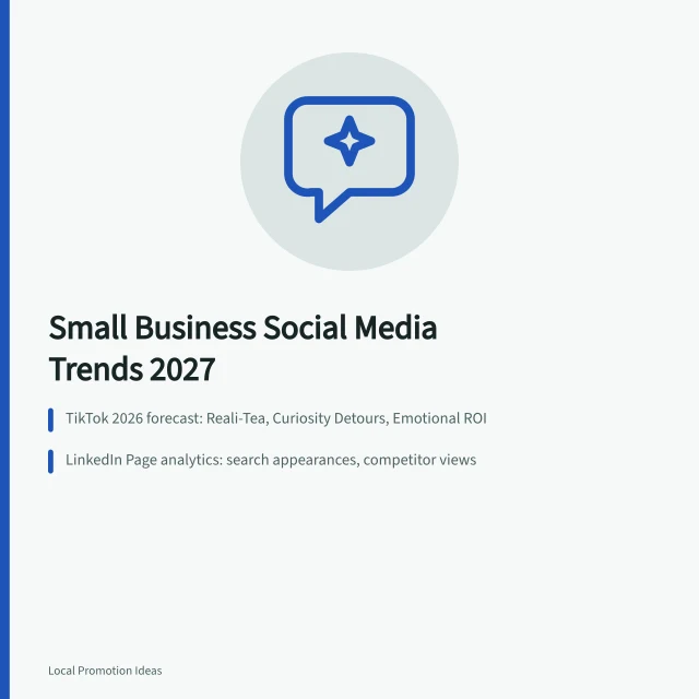 Card summarizing small business social media trends for 2027. 8 Things to Weigh Up on Small Business Social Media Trends