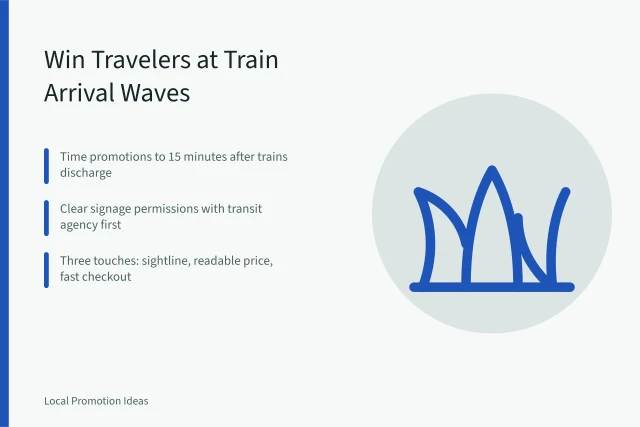 Card: train arrival wave timing, signage permits, and platform-to-door conversion for small shops. Train Station Retail Promotion: How Small Shops Win Arriving Travelers