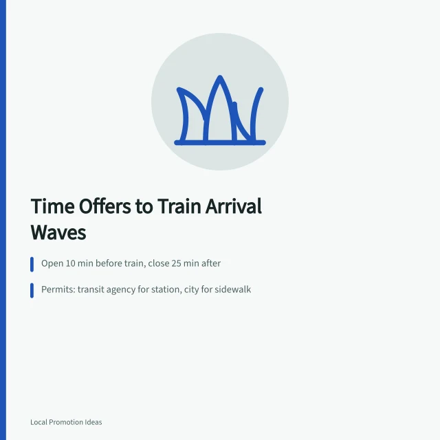 Timed retail offer board synced to train arrival waves near station. Train Station Retail Promotion Ideas for Small Shops Near US Transit Hubs