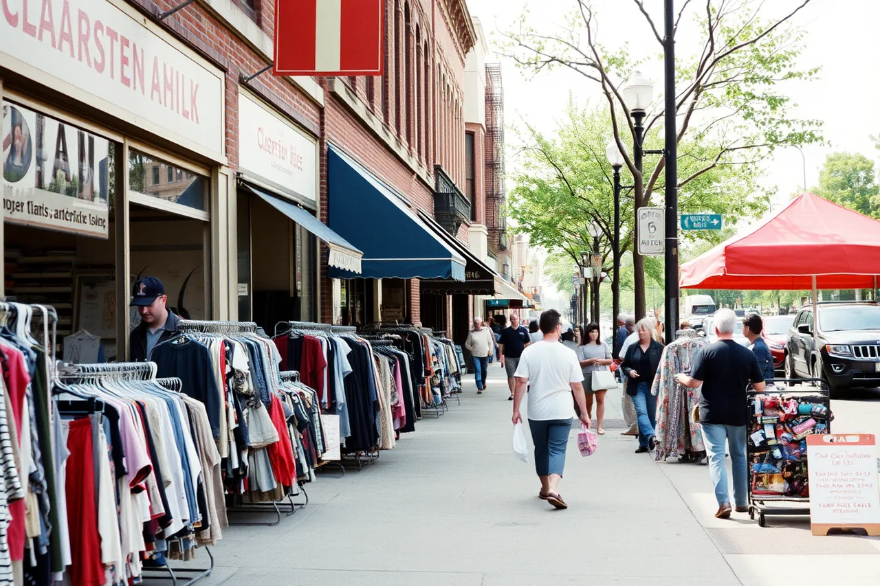 Sidewalk sale outside shops on Clark Street in Andersonville (Chicago neighborhood business districts and their promotion programs)