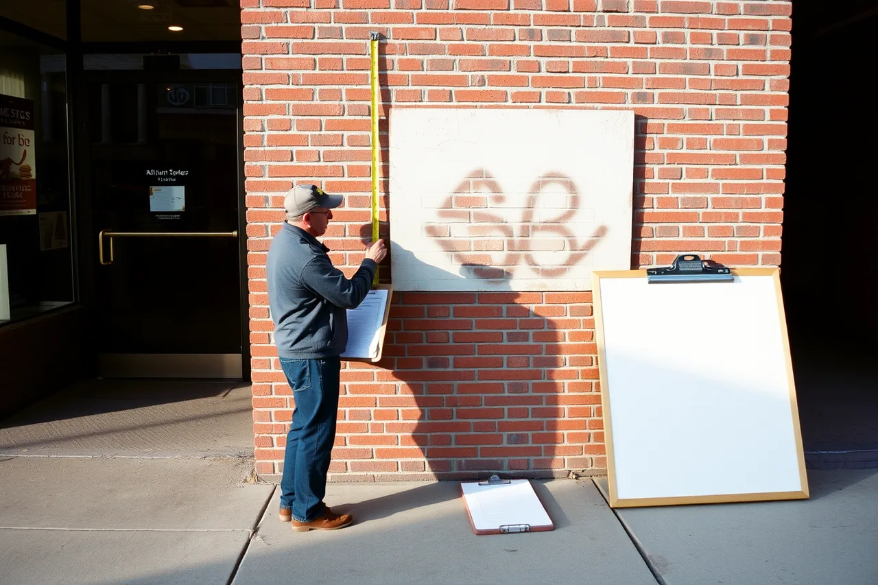 Person measuring a storefront wall for a sign (3 Denver signage laws that affect outdoor local promotion)