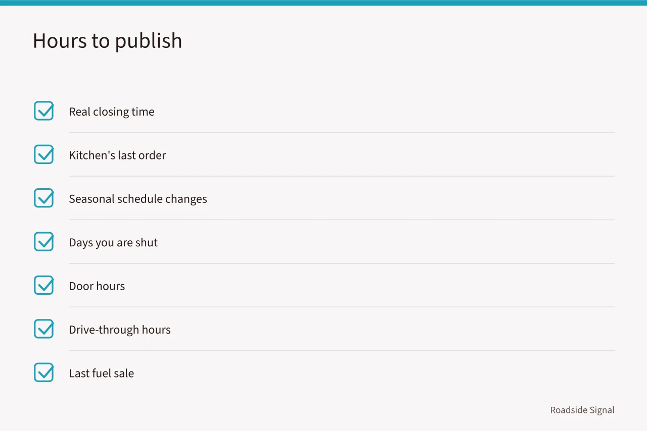 Checklist of hours roadside businesses should publish (Do accurate pins and real hours fix most roadside navigation apps errors?)