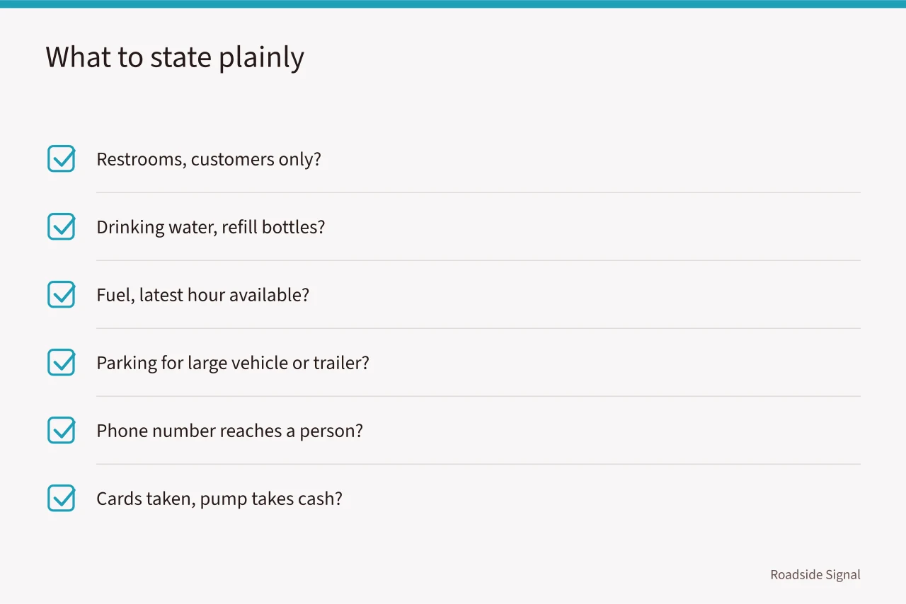 Checklist of amenities and details travelers need stated plainly (Do accurate pins and real hours fix most roadside navigation apps errors?)