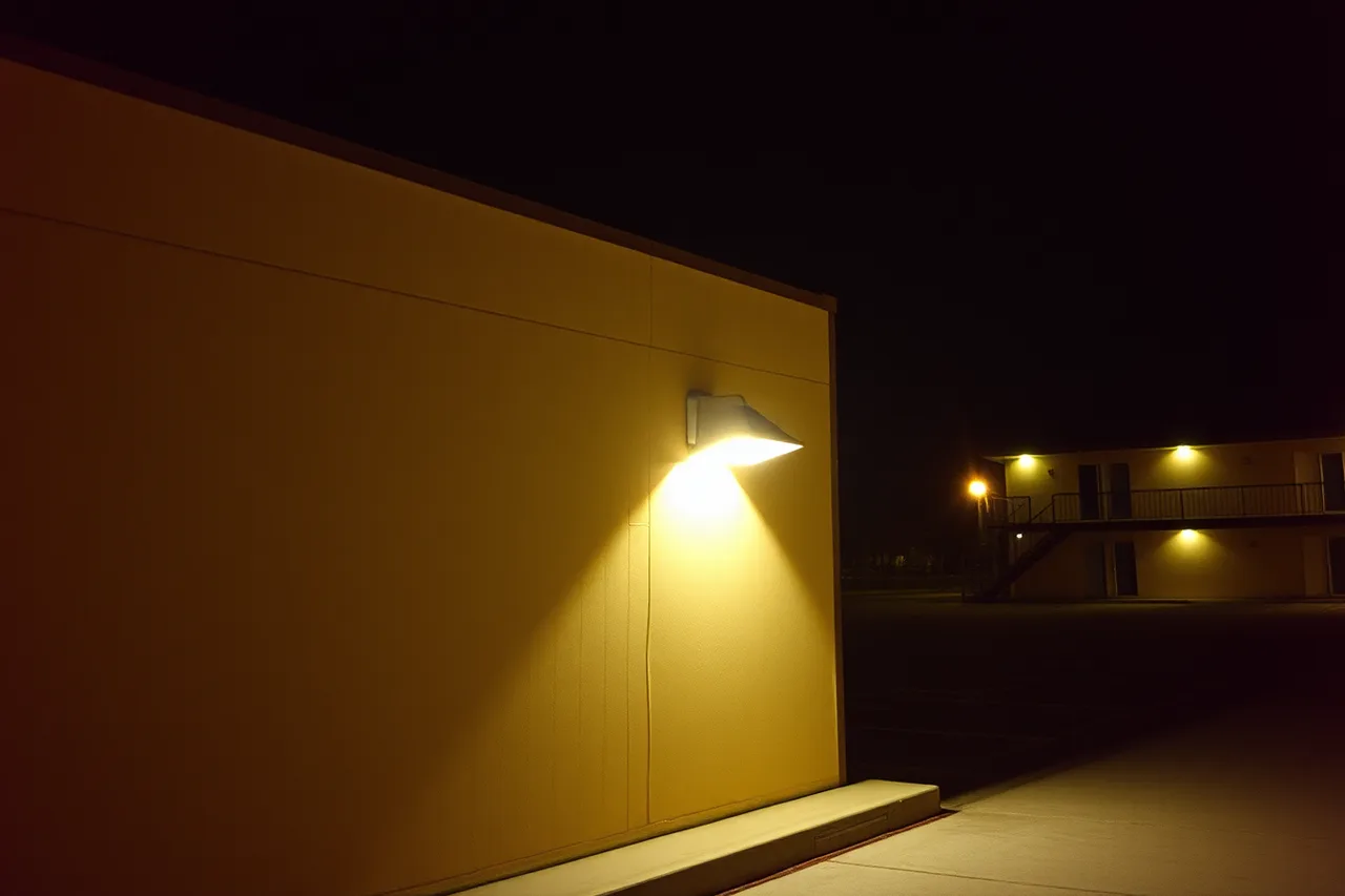 Shielded warm-white wall light casting light down on a motel parking area (Building a plan for stargazing trips businesses: the joint pitch)