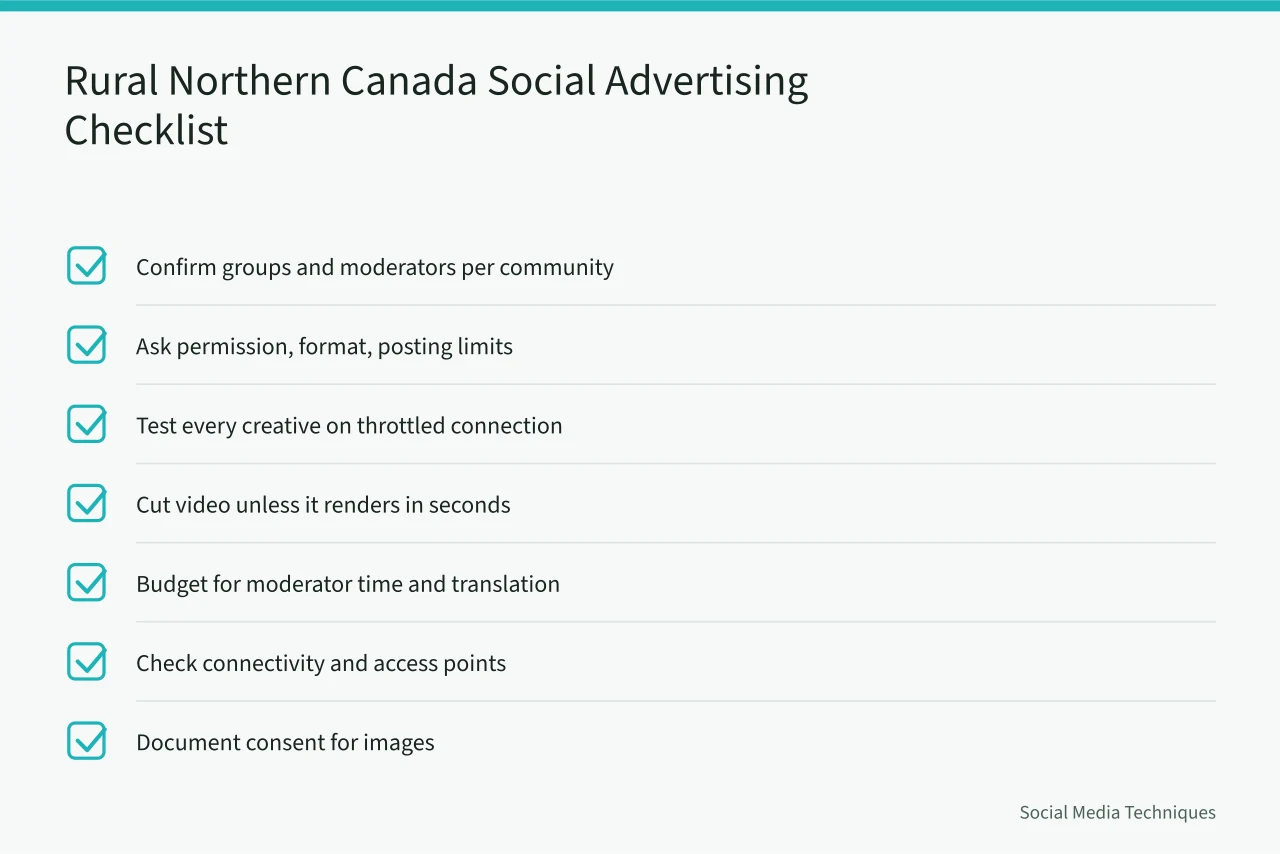 Seven-point checklist before spending on rural and Northern Canada social advertising (Advertising to rural and Northern Canada with Facebook Groups)