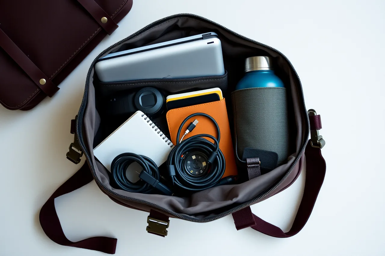 Bellroy work bag packed with laptop, notebook, and water bottle (Small Business Content Marketing Examples With the Reasoning Laid Bare)