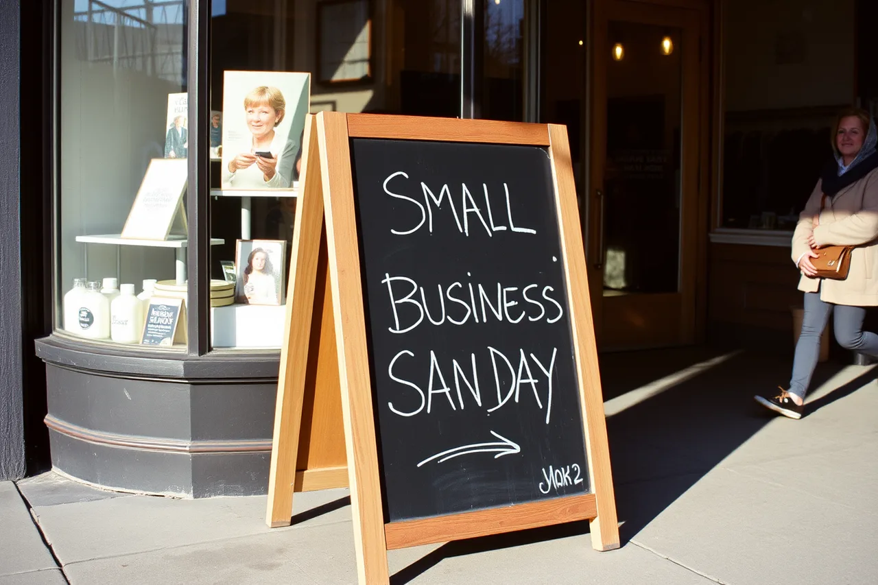 Chalkboard A-frame sign on a sidewalk outside a small shop (Small Business Saturday and the SBA, a national promotion playbook)